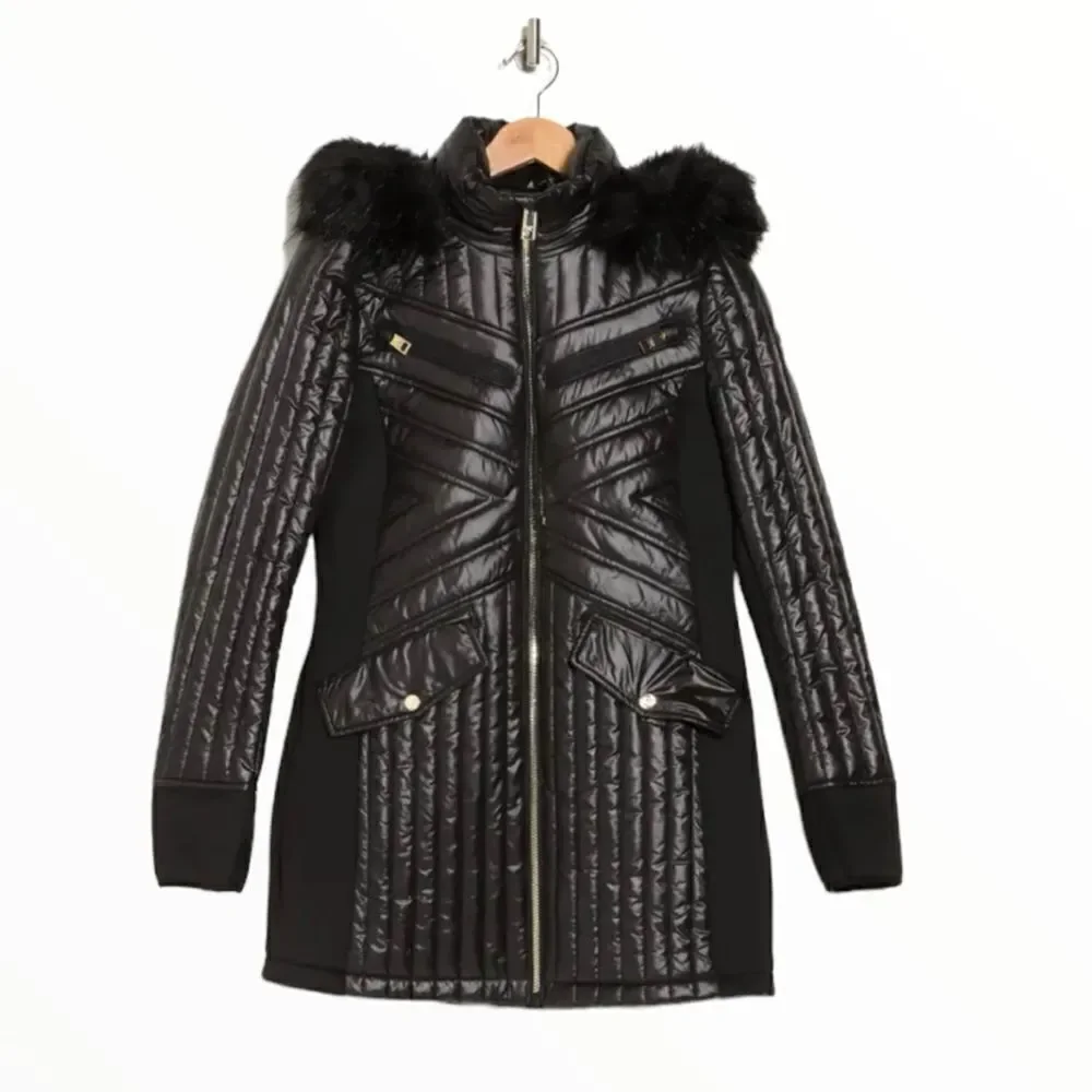 MICHAEL KORS Black Water Resistant Quilted Faux Fur Hood Jacket NWT Size S